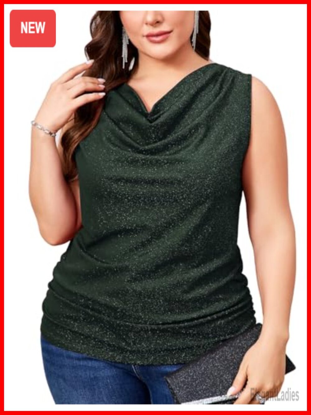 Plus Size Sparkly Glitter Cowl Neck Ruched Side Shirring Tank Top